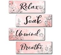 Bathroom Wall Decor Sign, 4 Pieces Pink Bathroom Wooden Sign With Rope, Relax Soak Unwind Breathe Wall Art Decor For Farmhouse Home Bathroom Restroom, Artwork Gifts For Family Friend Colleague, B17