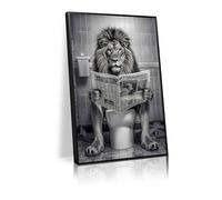 Bathroom wall decoration with black and white lions, reading newspapers in the bathroom, interesting bathroom murals, animal art pieces（L18 xW12-framed）