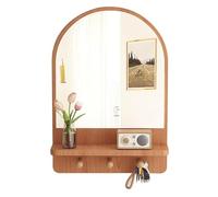 Bathroom Wall Mirror with Shelf and Hooks,Wood Framed Oval Wall Mirror Arched Vanity Mirror for Entryway,Bathroom,wood color-50 x 70cm/19.6x27.5in
