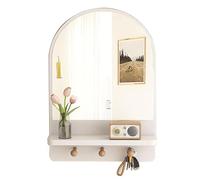 Bathroom Wall Mirror with Shelf and Hooks,Wood Framed Oval Wall Mirror Arched Vanity Mirror for Entryway,Bathroom,White- 30 x 50cm/11.8x19.6in