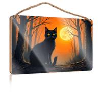 Bathroom Wall Wood Sign A Black Cat Sits in A Spooky Forest with A Full Moon Shining Brightly Wall Hanging Decor Sayings Western Home Decor(15X28CM)