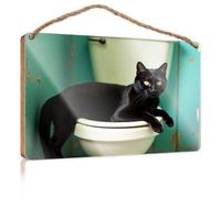 Bathroom Wall Wood Sign A Black Cat with Yellow Eyes is Sitting On A Toilet Wall Hanging Decor Sayings Western Home Decor(15X28CM)