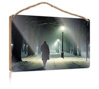 Bathroom Wall Wood Sign A Person Walks Alone in A Snowy, Lantern-lit Park At Night Wall Hanging Decor Sayings Western Home Decor(15X28CM)