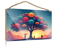 Bathroom Wall Wood Sign A Tree with Colorful Umbrellas At Sunset Wall Hanging Decor Sayings Western Home Decor(23X35CM)