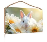 Bathroom Wall Wood Sign A White Rabbit Surrounded by Daisies Wall Hanging Decor Sayings Western Home Decor(20X30CM)