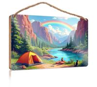 Bathroom Wall Wood Sign Camping by The Lake with Rainbow in The Sky Wall Hanging Decor Sayings Western Home Decor(15X28CM)