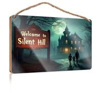 Bathroom Wall Wood Sign Welcome to Silent Hill Sign with Spooky House in Background Wall Hanging Decor Sayings Western Home Decor(23X35CM)