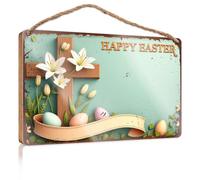 Bathroom Wall Wood Sign Wooden Cross with Flowers and Eggs, Happy Easter Banner Wall Hanging Decor Sayings Western Home Decor(15X28CM)