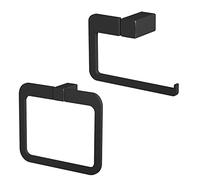 Bathroom WC Set Wall Mounted Stylish Towel Ring Toilet Roll Holder Black Square