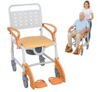 Bathroom Wheelchair 4 in 1 Rolling Shower Chair with Commode Bucket and Safety Locking Wheels Height Adjustable Medical Bedside Commode Aid for Elderly Seniors Mobility Orange