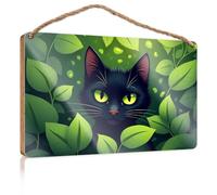 Bathroom Wood Hanging Sign A Black Cat with Glowing Green Eyes Surrounded by Lush Leaves Man Cave Furniture Bedroom Accessories(15X28CM)