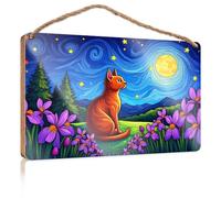 Bathroom Wood Hanging Sign A Red Cat Sits Amidst Vibrant Purple Flowers Under A Swirling Night Sky Man Cave Furniture Bedroom Accessories(20X30CM)