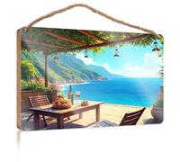 Bathroom Wood Hanging Sign A Serene Terrace Overlooking The Ocean with A Table Set for Wine and Fruit Man Cave Furniture Bedroom Accessories(23X35CM)