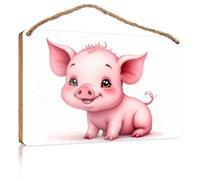 Bathroom Wood Hanging Sign Adorable Pink Pig Illustration Wooden Sign Backyard Decor Room Stuff(15X28CM)