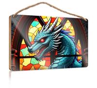 Bathroom Wood Hanging Sign Blue Dragon In Stained Glass Window Wooden Sign Backyard Decor Room Stuff(15X28CM)