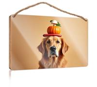 Bathroom Wood Hanging Sign Golden Retriever Balancing A Pumpkin On Its Head Man Cave Furniture Bedroom Accessories(20X30CM)