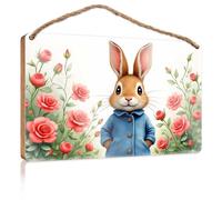 Bathroom Wood Hanging Sign Rabbit In Blue Coat With Red Roses Wooden Sign Backyard Decor Room Stuff(20X30CM)