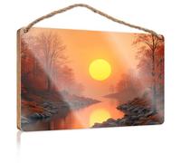 Bathroom Wood Hanging Sign Sunset Reflections In Autumnal Forest Wooden Sign Backyard Decor Room Stuff(23X35CM)