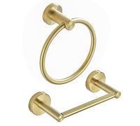 BATHSIR Brushed Gold Toilet Paper Holder Hand Towel Holder 2 Pieces Set Bathroom Hardware Towel Ring Tissue Roll Holder Toilet Tissue Holder Gold Bathroom Accessories Set Wall Mount Stainless Steel