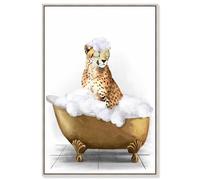 Bathtime Cheetah Canvas Print Trendy Bathroom Art by Art Remedy, Silver Frame, 10 x 15