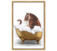 Bathtime Tiger Canvas Print Trendy Bathroom Art by Art Remedy, Gold Frame, 10 x 15