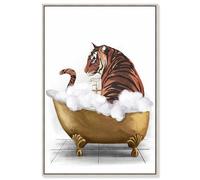 Bathtime Tiger Canvas Print Trendy Bathroom Art by Art Remedy, Silver Frame, 16 x 24