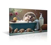 Bathtub Animal Canvas Paintings Bedroom Canvas Wall Art Hedgehog Took a Bath in the Bathtub Wall Art for Bathroom Boho Canvas Pictures Artwork Posters & Prints Framed Ready to Hang (16"Wx24"H)