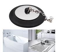 Bathtub Drain Stopper with Chain and Rubber Body Design, A | Rubber Construction, Silver-Tone Center Plate, Chain Provides a Lifting Point When the Drain Needs Opening