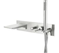 Bathtub Faucet with Shower, Wall Mount Waterfall Spout Tub Faucet Roman Tub Filler, Brushed Bathroom Single Handle Tub Faucet Brass Tub Shower Faucet Set,Brushed Nickel