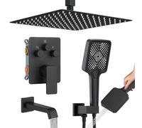 Bathtub Shower Faucet Set with Pressure Balance Valve, 12" Ceiling Mount Shower System with Tub Spout Multi-Function Handheld Head Push Button Diverter Shower Trim Kit, Matte Black