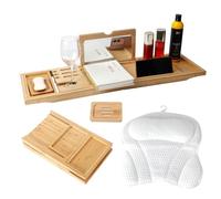 Bathtub Tray Table with Mirror and Bath Pillow, Expandable and Foldable Bamboo Bath Tray for Tub Soft and 4D Mesh Bathtub Pillow Luxury Bath Accessories Spa Gifts