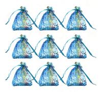 BATHVEVE 100pcs Blue Patterned Yarn Drawstring Bags Organza Pouches for Candy Cookies Snacks Jewelry Storage Elegant Packaging for Wedding Party Retail Use