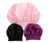 BATHVEVE 3pc Children Satin Sleep Bonnet Cap Set Wide Elastic Band for Hair Care, Sleeping Hair Turbans in Purple, Black, and Pink - Soft Night Sleep Caps for Boys and Girls