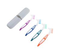 BATHVEVE 4 Sets Portable Denture Toothbrush with Dual-Angle Double-Headed Large and Pointed Brush Heads, Thickened Pp Handle and Retainer Cleaning Case for Travel and Dining Out Hygiene