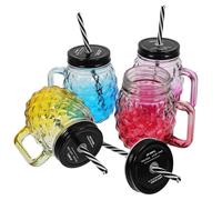 BATHVEVE 4pcs Gradient Glass Mason Jar Drinking Cups with Leak-Proof Lids and Straws, Spill-Proof Glass Cups Suitable for School and Work, Reusable Pineapple Decor Tumbler for Adults