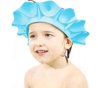 BATHVEVE Adjustable Shower Cap Hair Wash Protector for Infants, Waterproof TPE Material, Blue Hair Washing Shield Preventing Water and Shampoo from Eyes and Ears