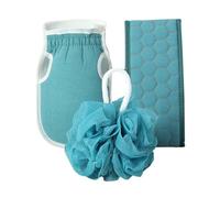 BATHVEVE Back Scrubber Bath Towel Set 3 Pieces Lake Blue Exfoliating Body Scrub Gloves for Deep Cleansing Bathroom Accessories Home Shower Use