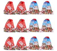 BATHVEVE Drawstring Bags 12 Pcs Christmas Santa Claus Double-sided Non-woven Fabric Reusable Storage Pouches for Candy and Sweet Treats, for Festivals and Christmas Wrapping