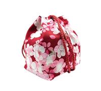 BATHVEVE Japanese Style Cosmetic Bag with Cherry Blossom Pattern, Lightweight Fabric Makeup Bag in Red, Elegant Drawstring Coin Purse for Storage Coins and Giving