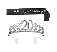 BATHVEVE Sash Crown Hair Comb 1 Set 20th Birthday Party Number 20 Rhinestone Tiara Side Combs Rose Gold Crystal Birthday Sash One Size Fits Most Party Accessories and Decorations