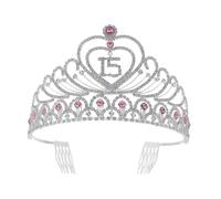 BATHVEVE Tiara Keepsake Accessory Crown Headband with Real Sparkles Pink Rhinestone Elegant and Stylish for 15th Birthday Party for Sweet 15 Celebration