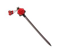 BATHVEVE Vintage Wooden Hairpin with Red Flower Retro Headdress Delicate Traditional Hair Stick for Women Stylish Chinese Style Hair Accessory