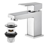 BATHWEST Square Basin Mixer Tap with Drain,Brass Bathroom Sink Taps with Pop-Up Waste,Chromed Monobloc Ceramic Cartridge Five-Layer Shielding Bathroom Taps with Sink Plug 492MCR