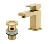 BATHWEST Square Bathroom Sink Tap with Drain, Brass Basin Mixer Tap with Pop-Up Waste, Single Lever Ceramic Cartridge, Brushed Gold 5-Layer Anti-Rust, Modern Bathroom Tap with Sink Plug 492MGO