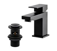 BATHWEST Square Black Basin Mixer Tap with Drain, Brass Bathroom Sink Tap with Pop-Up Waste, Matte Finish Monobloc Ceramic Cartridge Five-Layer Shielding with Sink Plug 492MBK