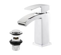 BATHWEST Waterfall Bathroom Sink Taps with Drain, Chrome Square Basin Taps with Pop up Waste, Monobloc Brass Bathroom Taps with Sink Plug 322M