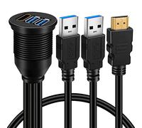 BATIGE Dual USB 3.0 & HDMI Male to Female Car USB Flush Mount Extension Cable USB 3.0 Dash Mount for Car Truck Boat Motorcycle - 3ft