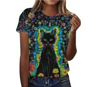 Batik T-Shirt Women's Short Sleeve Tie Dye Shirt with Animal Motif Cat Cow Giraffe Pattern T-Shirt Funny Tunic Women Colourful Blouses Fun Party Tops Unusual Tops Teenager, multicoloured, XL