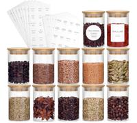 BATINO 12Set Glass Spice Jars with Lids and Labels, Bamboo Spice Jars, 200ml Airtight Jars Round Glass Storage Jars Spice Storage Containers Glass Seasoning Jars for Spice, Salt, Sugar, Seeds, Nuts