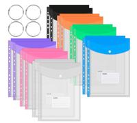 BATINO 14 Pack Punched Pockets A4 Plastic Wallets, 11 Holes Expandable Large Capacity Binder Pocket with Snap Button and Label Pocket, Plastic Envelope File Folders for School Home Office